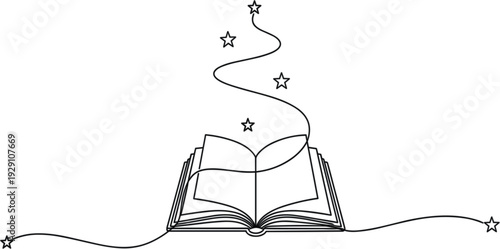 Open Magic Book with Floating Stars and Light Trail Line Art Illustration for Fantasy Storytelling, Education, Imagination, Knowledge, and Creative Learning Designs