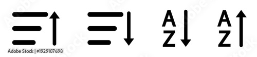 Sort icon set with ascending descending arrows and A-Z and Z-A order controls. List arrangement and alphabetical sorting UI symbols for app interface, table filter and web dashboard design