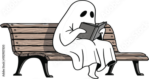 Cute Ghost Sitting on Park Bench Reading Book Cartoon Vector Illustration Spooky Character Enjoying Literature for Halloween Design, Autumn Theme, and Whimsical Story Concept