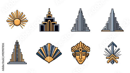 set of hand drawn gold and gray aztec style icons featuring sun, temple, fan, warrior head, and arrow design