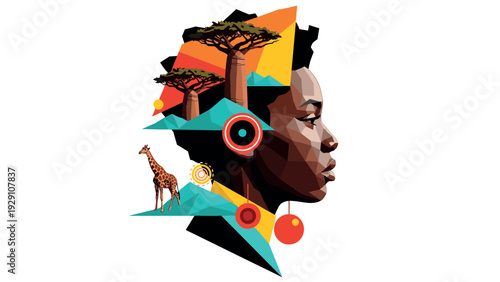 profile of african woman with geometric style and african landscape elements including baobab trees and giraffe