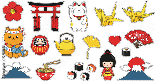 Japanese Cultural Sticker Set – Cute Kawaii Illustrations of Maneki-Neko Daruma Sushi and Mount Fuji for Travel Journals and Stationery Design