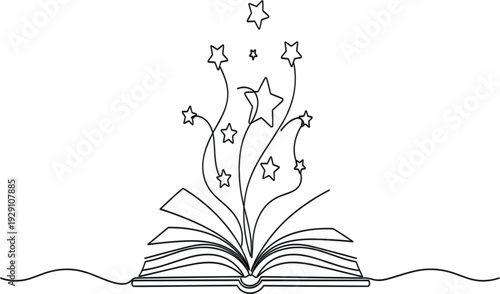 Continuous One Line Drawing of Open Book with Stars Rising Magical Storytelling Concept Minimalist Outline Vector Illustration for Education, Fantasy, Literature, and Imagination Design