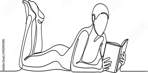 Continuous One Line Drawing of Person Lying on Floor Reading Book Minimalist Outline Vector Illustration for Education, Learning, Literature, Relaxation, and Modern Lifestyle Concepts