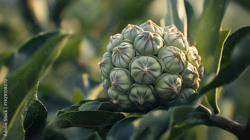 Fototapeta premium Exotic botanical fruit cluster bright green natural light closeup shot tree branch organic garden plant