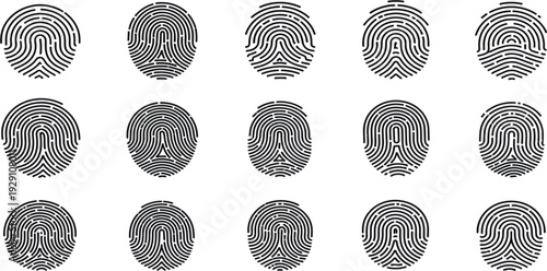 Fingerprint Set Collection with Different Biometric Patterns – Black and White Forensic Identification Vector Illustration
