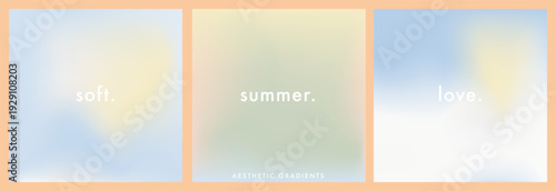 Set of 3 square soft pastel gradient backgrounds in blue, yellow, green tones. Light airy color transitions with cloud-like softness. Abstract minimal backdrops for social media posts, wellness design