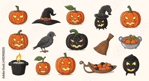 Collection of Halloween-themed objects, including pumpkins, witch hats, and a crow, for festive decorations.