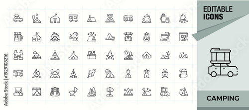 Camping line icon set. Travel icon set. Outline icons pack. Contain linear symbols vacation, camp, tourism, tent, tour, hiking and more. Pixel perfect. Editable stroke.
