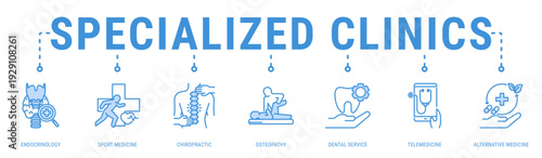 Specialized Clinics web banner icon vector illustration featuring Endocrinology, Sport Medicine, Chiropractic, Osteopathy, Dental Service, Telemedicine and Alternative Medicine