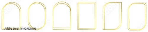 Minimal gold arch frame set with geometric outline shapes. Elegant linear window and doorway vector collection for branding and layout design. Modern abstract frames isolated on light background.