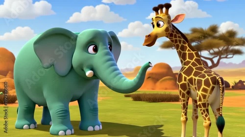 Cute cartoon elephant and giraffe interaction on an african savanna background for children educational animation with bright colors and playful design