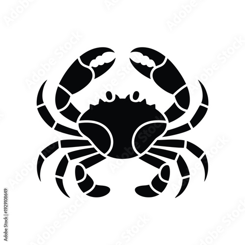 A simple black and white silhouette of a crab facing forward