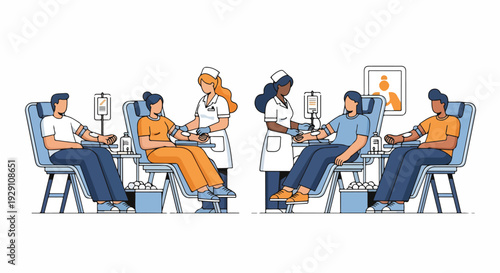 Illustration of diverse people donating blood at a medical facility with a healthcare worker, in a clean and professional setting.