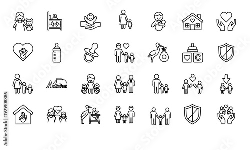 Family and Parenting Line Icon Set – Adoption, Child Care, Protection and Parenthood Symbols