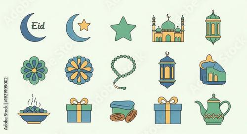 Collection of Islamic symbols and decorations for religious celebrations and events.