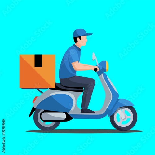 Online Delivery Courier Riding Scooter with Package Box Flat Design Illustration