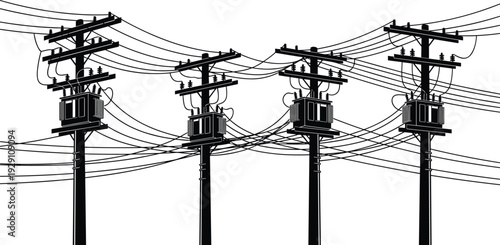 Electric power line poles silhouette set, utility transformers and overhead cables illustration isolated on white background