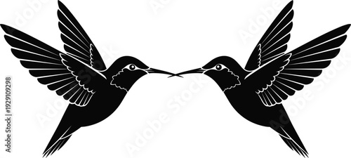 Flying hummingbirds silhouette illustration, symmetrical birds in flight black and white vector wildlife tattoo style design