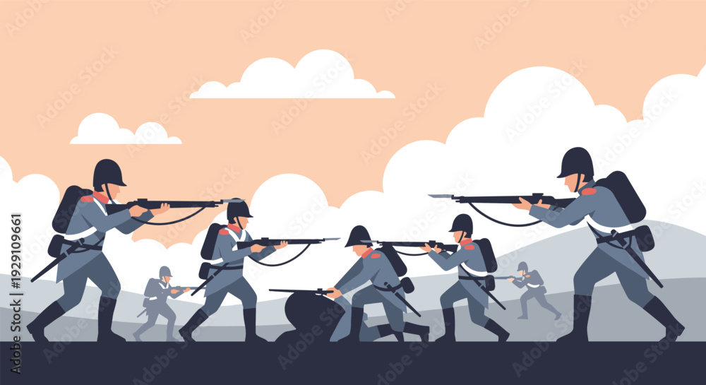 Fototapeta premium soldiers in combat positions with rifles hand drawn flat illustration of war scene