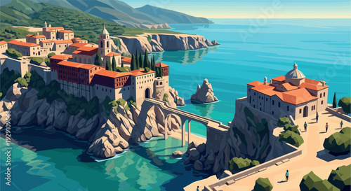 Mediterranean coastal village with historic buildings and connecting stone bridge digital illustration