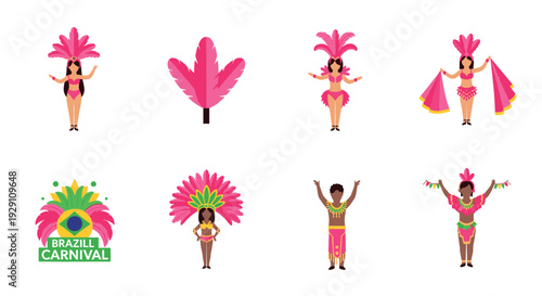 colorful brazil carnival dancers with feather headdresses and festive costumes set with brazil carnival emblem flat vector illustration