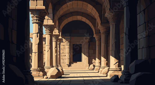 ancient roman ruins corridor with classic columns and stone archways hand drawn illustration