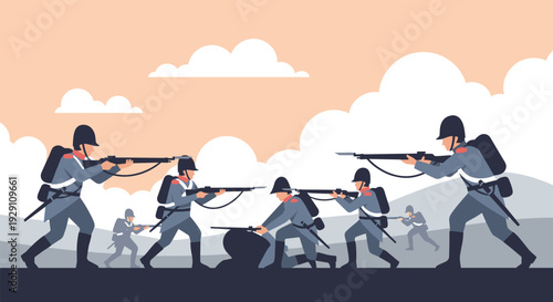 soldiers in combat positions with rifles hand drawn flat illustration of war scene