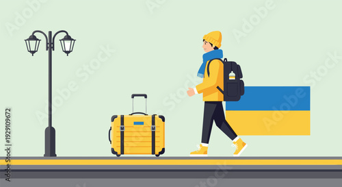 young traveler with backpack and yellow suitcase standing at platform with lamp post and Ukraine flag flat illustration