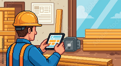 construction worker in safety helmet using tablet at lumber warehouse pixel art style