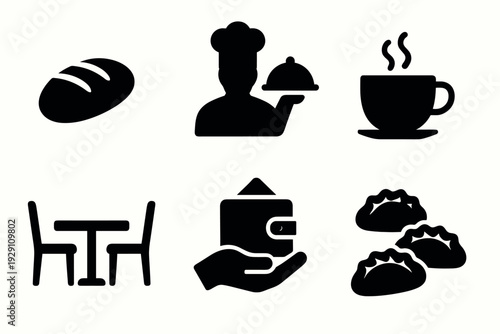 set of hand drawn black restaurant icons including bread chef coffee table wallet and dumplings