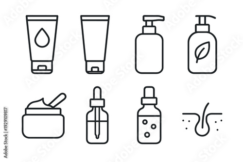 set of hand drawn black outline skincare cosmetic product icons including tubes pump bottles cream jar dropper and hair follicle illustration