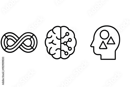 set of three hand drawn abstract mental health and infinity icons in outline style