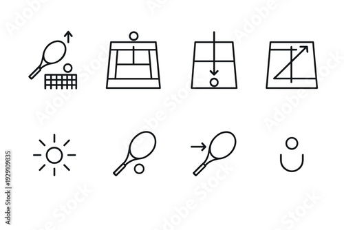 set of hand drawn tennis icons with rackets balls court and sun symbols