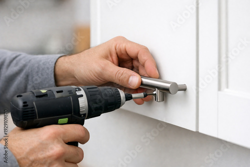 Wallpaper Mural A person installing a modern cabinet handle with a power drill Torontodigital.ca