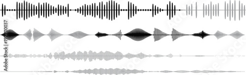 Abstract audio waveform collection vector illustration, black and gray sound waves set isolated on white background for music production and podcast design