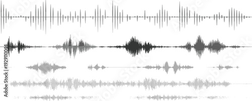 Audio waveform sound waves collection vector illustration, music recording signal visualization set isolated on white background for podcast and studio production design