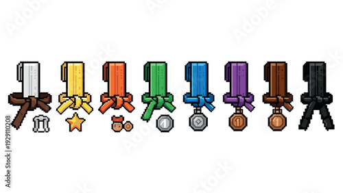pixel art colored martial arts belts with medals and trophies set hand drawn gaming icons