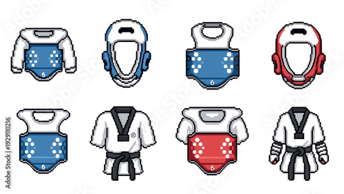 pixel art set of taekwondo protective gear and uniforms in red blue and white hand drawn style for martial arts design