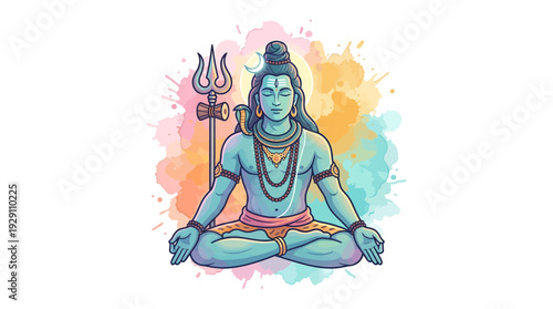Lord shiva meditates peacefully in a vibrant digital illustration with colorful watercolor splashes, perfect for a spiritual wallpaper.