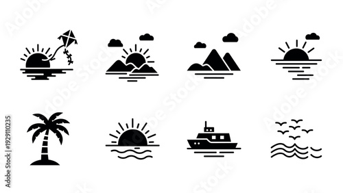 set of black silhouette tropical island beach and ocean icons with sun clouds palm kite boat and birds