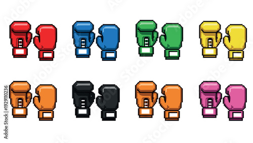 pixel art set of colorful boxing gloves in pairs with retro style