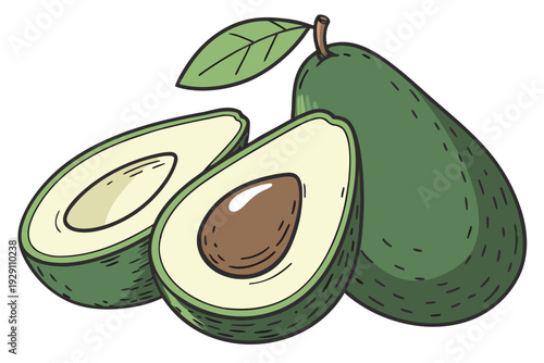A vibrant illustration of three avocados, one cut open to reveal its pit and creamy interior.