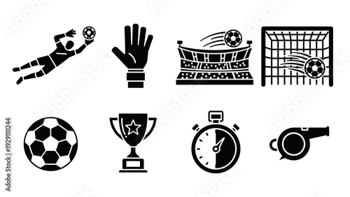 soccer goalkeeper set hand drawn black icons with ball trophy stadium and stopwatch
