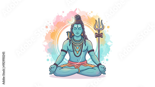 Stylized blue lord shiva meditating with trident on colorful watercolor splash, spiritual wallpaper.