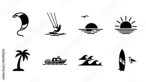 silhouette set of beach and sea themed icons with kite surfing palm tree boat waves surfboard and sunset in black and white