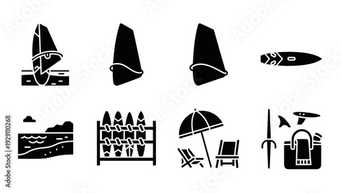 set of black silhouette windsurfing icons with surfboards beach and equipment in minimal style