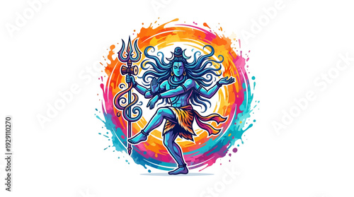 Vibrant stylized lord shiva dancing with a trident, colorful splash on white, spiritual wallpaper.