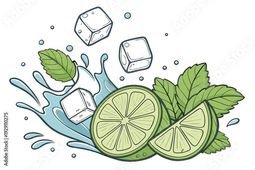 A vibrant illustration of lime slices and mint leaves with ice cubes and water splashes