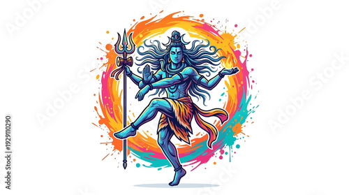 Vibrant illustration of lord shiva dancing with a trishul and colorful splash, perfect for spiritual wallpaper.